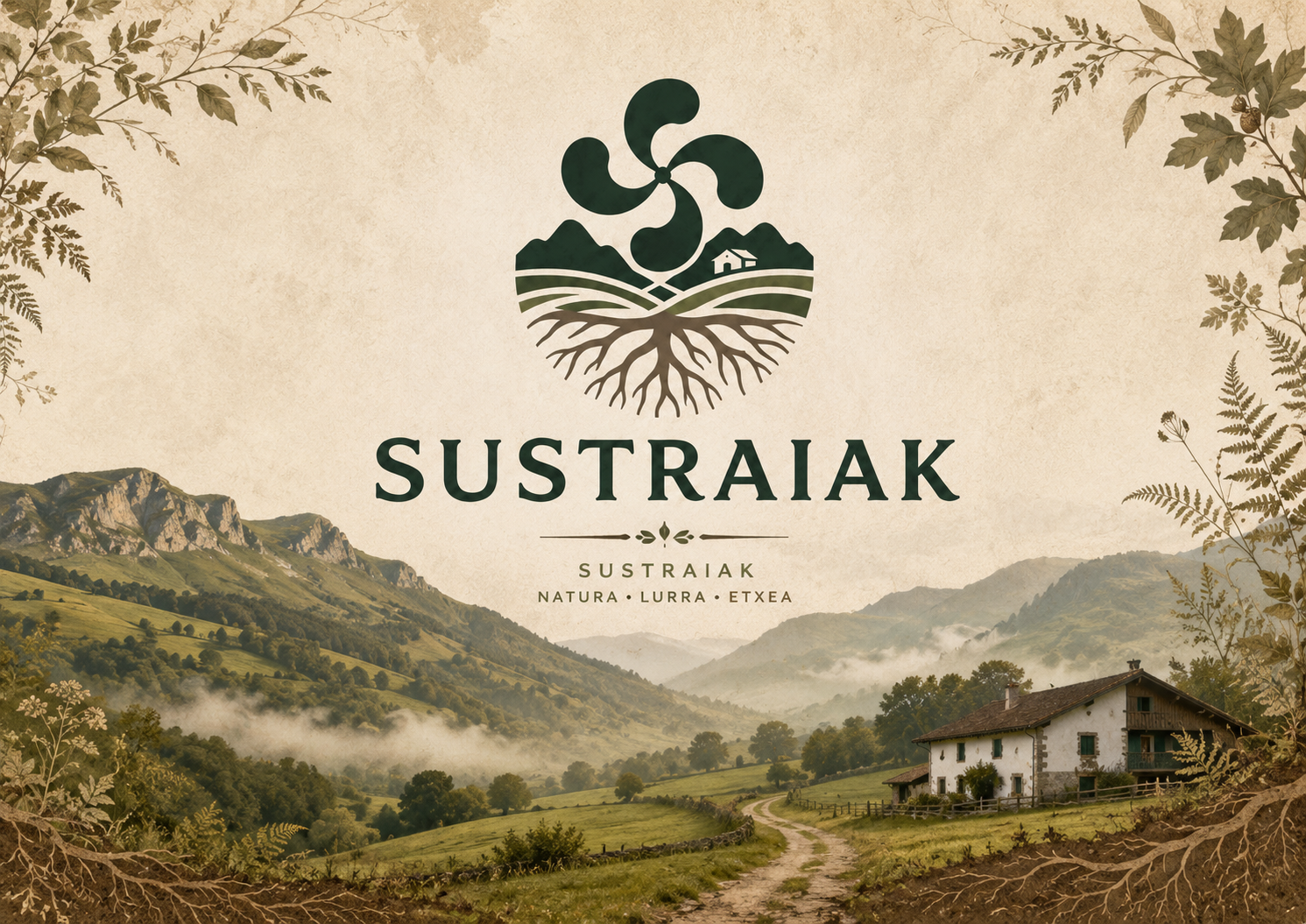 Sustraiak · Natura, Lurra, Etxea — paisaje vasco con baserri